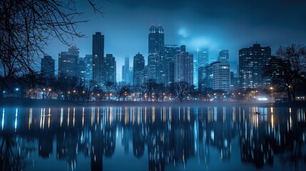 Dramatic view of a city skyline at night