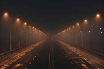 Misty night on an empty highway with glowing streetlights leading into the distance, creating a mysterious and moody atmosphere.