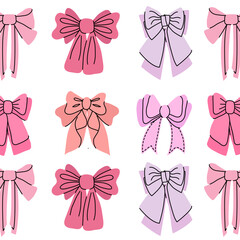 Seamless pattern with different pink bows. Gift ribbons in hand drawn and flat styles. Fashionable vector illustration. Hair girly accessory. Bows for gift wrapping. Coquette core cute design. - obrazy, fototapety, plakaty