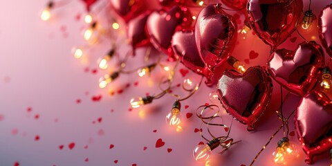 glossy heart-shaped balloons with glowing lights and red ribbons, Valentine's Day, card, banner, copy space - Powered by Adobe