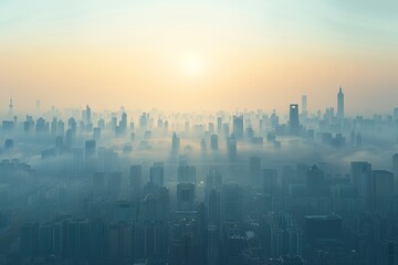 Problem of air pollution, full of small dust and PM 2.5 that affect health. Hazy dawn light illuminates city, buildings emerge like islands in mist sea, serene yet haunting view of urban awakening. - obrazy, fototapety, plakaty