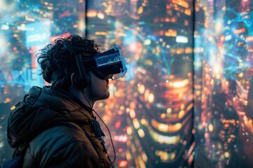 Virtual reality experiences hosted by streamers, simulating the impact of PM 2.5 on the city. Individual in VR gear stands against cityscape, vibrant reflections of urban night life in digital realm,