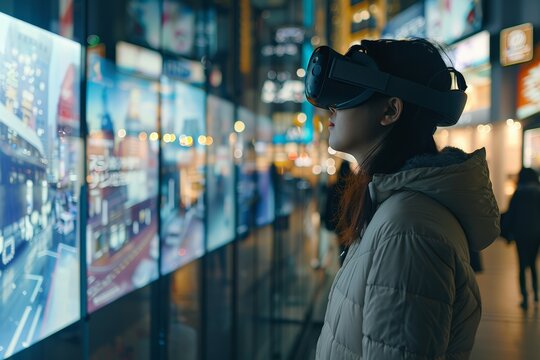 Virtual reality experiences hosted by streamers, simulating the impact of PM 2.5 on the city. Person with VR headset stands before vibrant screens, immersed in virtual cityscape...