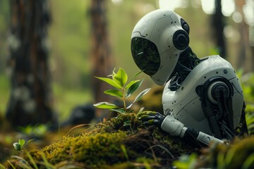 Futuristic AI interfaces interwoven with sustainable technology, Robotic figure crouched in the forest, examining a plant, illustrating the intersection of robotics and environmentalism.