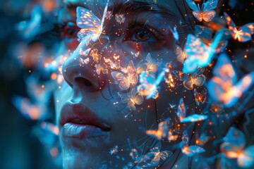 Fusion of futuristic AI and sustainable technology systems,  Woman's face with luminous blue butterfly overlays, symbolizing transformation, beauty, and the ephemeral nature of digital existence.