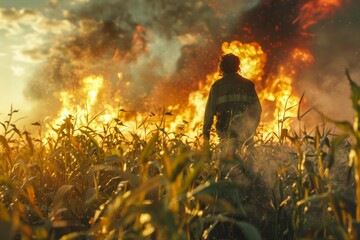 Fototapeta premium Silhouette of a Man Standing in Agricultural Field with Dramatic Fiery Sky Due to Large Blaze or Wildfire