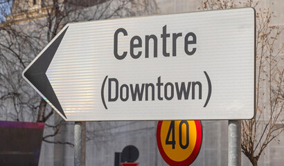 Direction Arrow White Road Sign Downtown Centre English