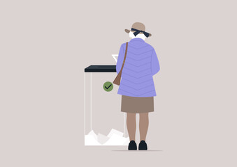 Casting the Vote, Civic Duty in Serene Solitude, A solitary figure partakes in the act of democracy, placing a vote into a ballot box