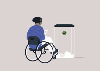 A Citizen Casting Vote at Accessible Ballot Box, A determined voter in a wheelchair engages in democracy by submitting a ballot