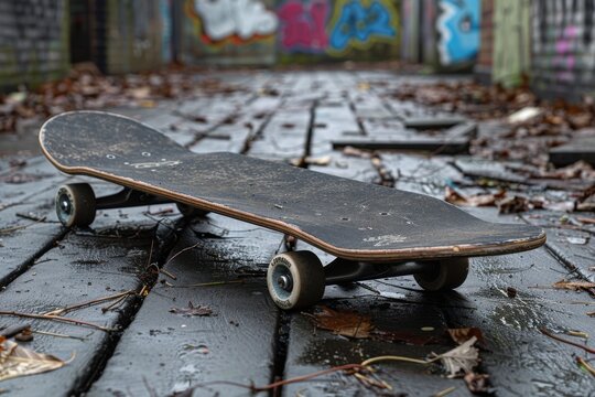 Weathered skateboard left on a worn surface amidst vibrant graffiti depicting urban decay and rebellion
