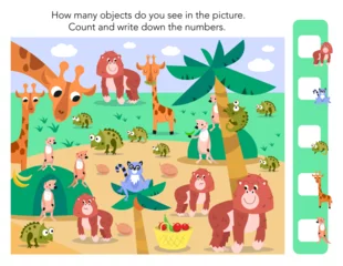 Foto op Canvas How many objects in picture. Puzzle game for children. Count and write numbers. Color scene with animals in zoo. Funny cartoon characters. Vector Illustration. © AngArt