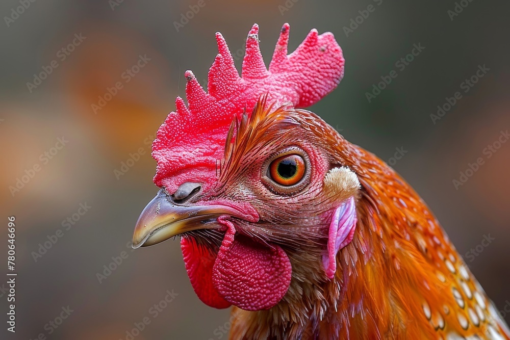 Poster an up-close view emphasizing the intricate details and the intense gaze of a rooster's head