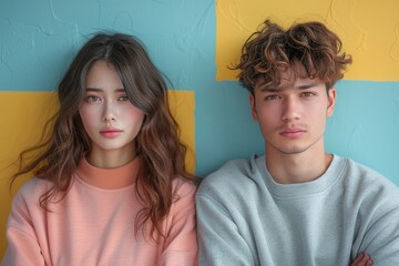 Young couple with a withdrawn female and pensive male against a colorful background, reflecting relational dynamics and mood