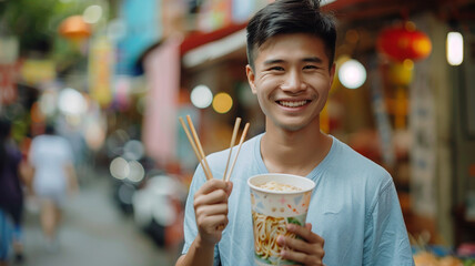young man standing happily holding a cup of ramen