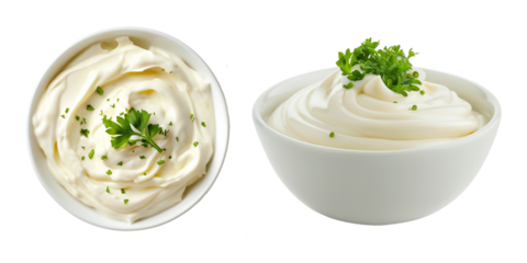 Bowl with white mayonnaise dip, side and top view, food bundle, isolated on a transparent background