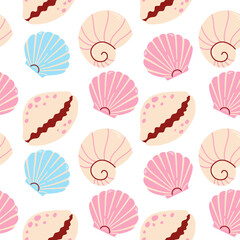 Seamless pattern with shells. Pink and blue sea shells seamless pattern. Trendy pattern of seashells for wrapping paper, wallpaper, stickers, notebook cover.	
