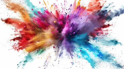 Colorful powder explosion on white background, vibrant and dynamic burst of colored particles, isolated backdrop for design creativity and celebration concept