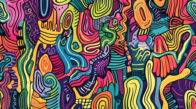 Captivating Doodle Art with Vibrant Abstract Shapes and Fluid Lines
