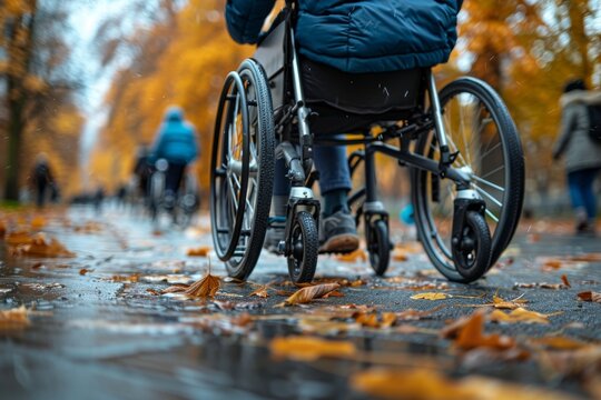 A potently emotional image depicting the journey of a wheelchair-bound person amidst the fall's golden leaves