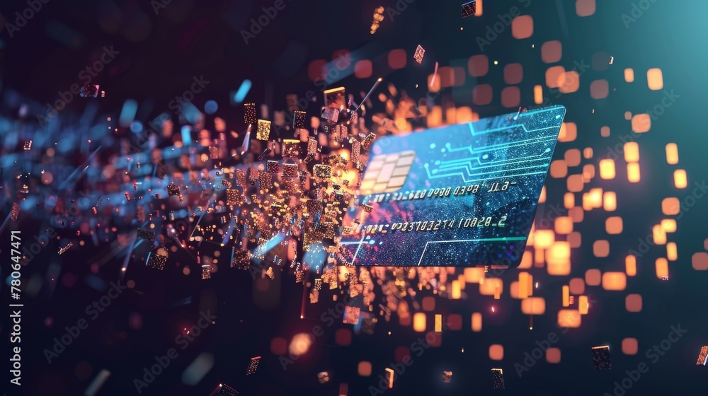 Poster futuristic credit card disintegrating into digital particles on a dark tech-inspired backdrop