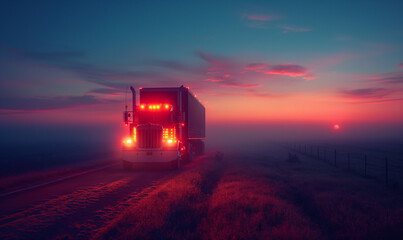 Fototapeta premium American style truck on country road pulling load. Logistics and Transportation theme