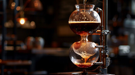 scientific beauty of brewing coffee with a siphon coffee maker. the siphon during the brewing process, with water rising into the upper chamber where the coffee grounds are. - obrazy, fototapety, plakaty