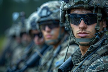 Obraz premium Detailed close-up of a soldier's face with communication headset and sunglasses, highlighting military technology
