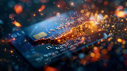 Credit Card with Fiery Sparks and Digital Patterns Conceptualizing Online Shopping and Financial Technology - obrazy, fototapety, plakaty