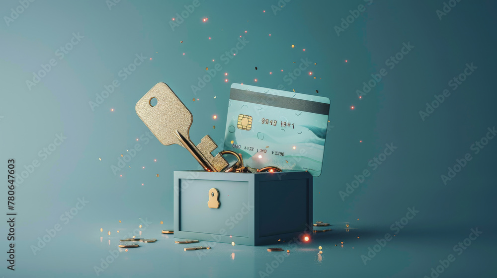 Poster credit card and key exploding out of a secure padlock portraying financial security breach