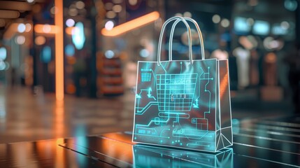 Holographic shopping bag with credit card icons symbolizing futuristic online commerce - obrazy, fototapety, plakaty