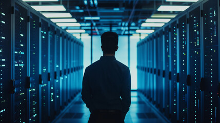 A horizontal side view shot of an IT technician working and checking system in the middle of the aisle inside a server room with rows of blue glowing network server cabinets on both sides
