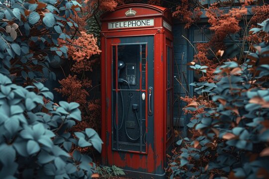 In this stunning garden oasis a vibrant red telephone box stands out in a D rendering adding a charming touch to the tranquil haven, Generated by AI
