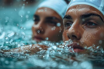 Fototapeta na wymiar Underwater shot of swimmer with a strong focused gaze, capturing the essence of competitive swimming and endurance