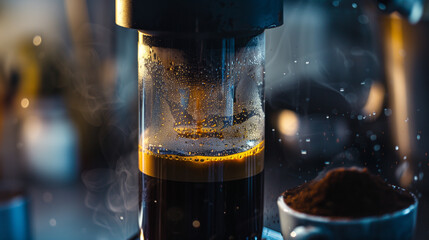 unique AeroPress brewing process, focusing on the AeroPress positioned over a cup, with coffee being pressed through.