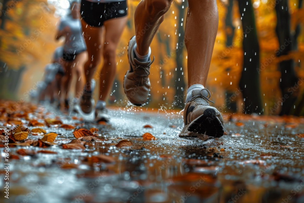 Poster vibrant image showcasing a group of runners' legs in motion, splashing through water on a wet path s