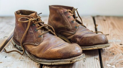 Worn Leather Boots on Wooden Background. Generative ai