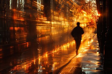 Surreal long exposure image of a blurred person walking through a city with vibrant orange light...