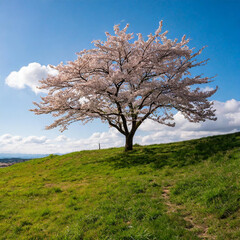 Obraz premium A cherry blossom tree stands gracefully on a grassy hill overlooking the tranquil landscape of a field with a clear sky and fluffy clouds