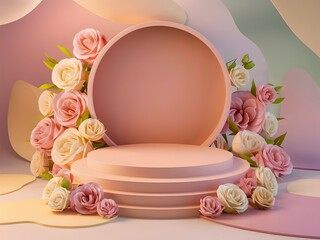 Pink podium display for product mock-up surrounded by roses