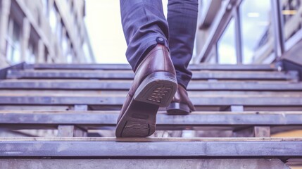 Man in Dress Shoes Ascending City Stairs. Generative ai