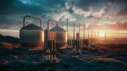 Industrial Hydrogen Production at Sunset. Concept Renewable Energy, Hydrogen Fuel, Industrial Processes, Sunset Photoshoot, Science and Technology - obrazy, fototapety, plakaty