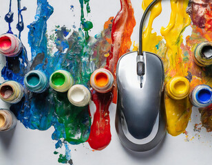 A close-up view of a computer mouse placed next to a row of colorful paint tubes, accompanied by...