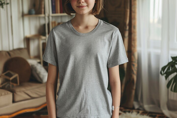 White teenage girl wearing grey t-shirt mockup, blank t-shirt, short hair, jeans, front full body view, country house