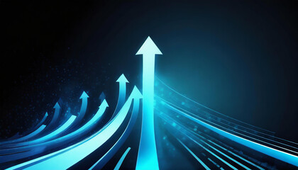 Abstract background with blue glowing arrows pointing upwards, representing growth and progress in technology or digital marketing. Abstract digital artwork with copy space