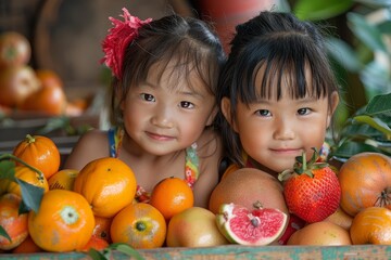 Fototapeta na wymiar Two kids smile endearingly, surrounded by an assortment of tropical fruits