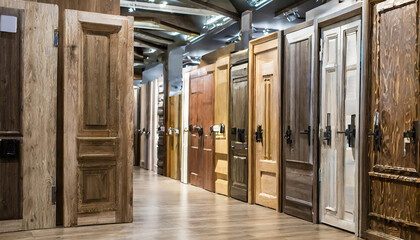 Assortment of different wooden interior doors in the store. Wooden and dsp, nobody, large variety of doors.