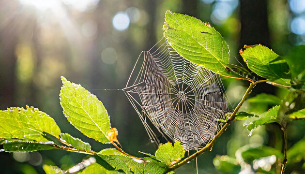 arthropods spider web made of natural material is intricately woven among leaves in a forest, creating a beautiful pattern while capturing insects for the terrestrial animal