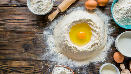 Baking class or recipe theme on dark background, scattered wheat flour with space for text. Baking preparation, overhead view on wooden surface. Making dough