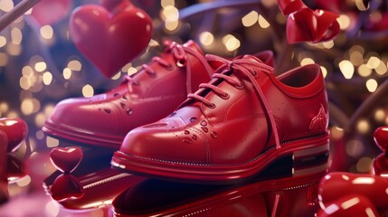 Romantic Red Shoes with Heart Accents in a Dreamy Ambiance. Generative ai