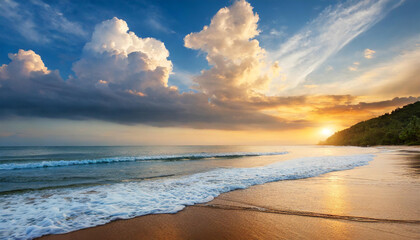 Fototapeta premium Beautiful cloudscape over the sea waves and tropical beach shore